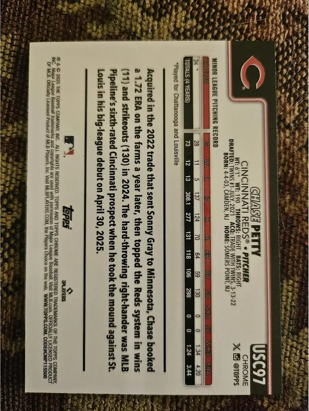 2025 Topps Chrome Update - Chase Petty - RC  #USC97 - Reds - RAW Mint